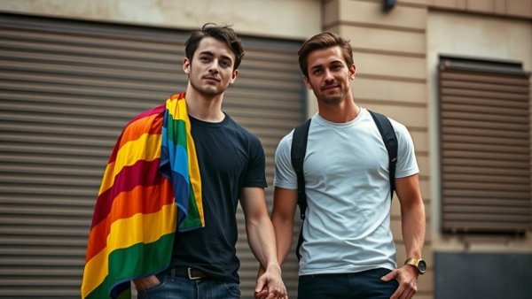 Two men with rainbow flag, Argentina urban setting.