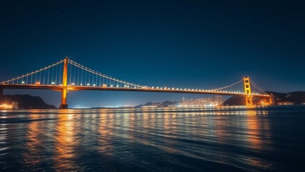 Bay Bridge at night with city lights and reflections on water