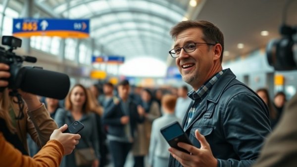 Man discusses air travel shutdown impact with media in airport.