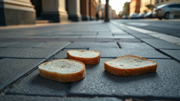 Slices of bread on a San Francisco sidewalk, reflecting local urban life.