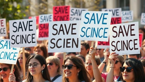 Group supporting California Science Fund holding signs at rally.