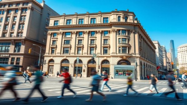 San Francisco Centre Mall with pedestrians crossing in a lively city scene.