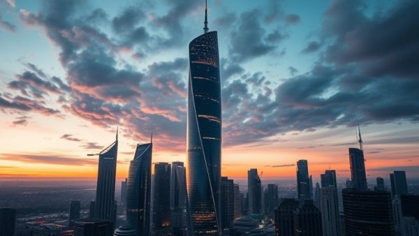 Iconic skyscraper in a futuristic city, luxury boutique hotels.