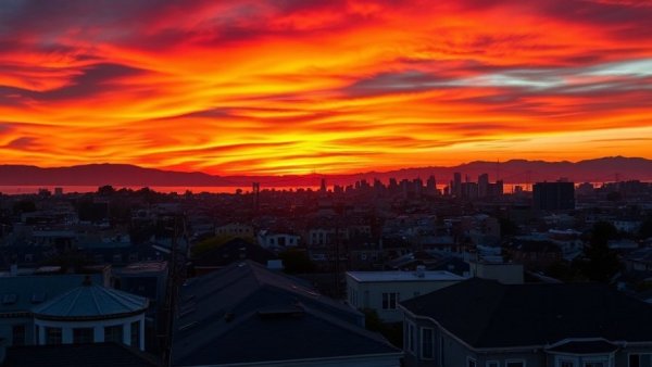San Francisco sunset over rooftops with vibrant sky for local news.