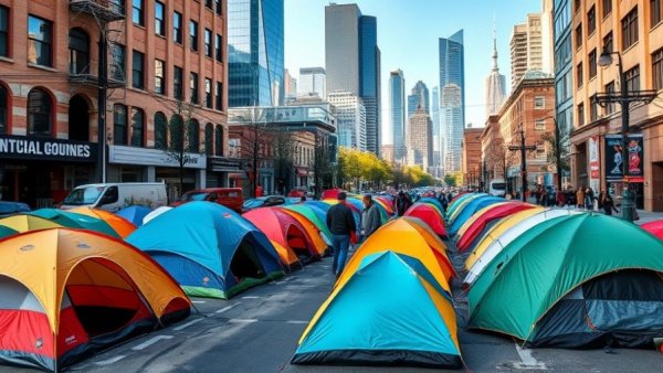 Encampment on street with city skyline, symbolizing housing challenges.