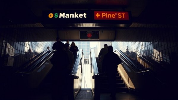BART subway station exit with stairs and escalator leading to Market & Pine St.
