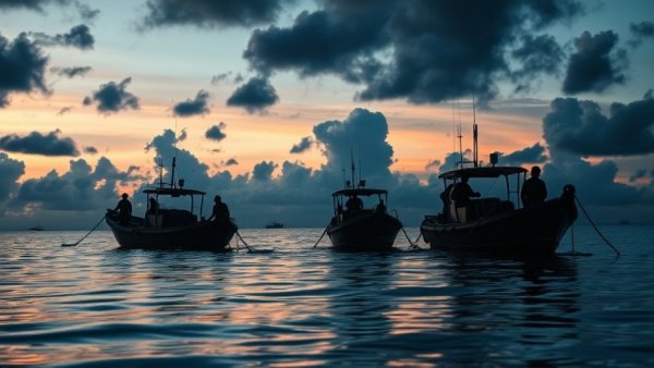 Fishermen at dusk in small boats, justice for fishermen killed in US military strikes.