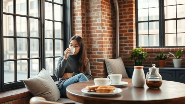 Cozy urban apartment with woman drinking coffee and modern dining table setup.