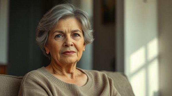 Woman indoors with a calm expression, soft natural light.