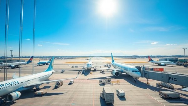 San Francisco News: Airport terminal with planes, clear blue sky.