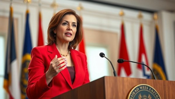 Kim Guilfoyle speaking at a podium, flags in background.