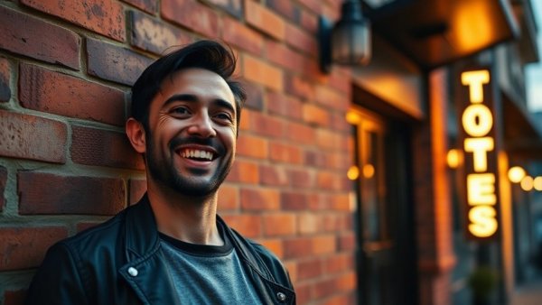 Smiling man beside modern boutique hotel exterior, warm light.