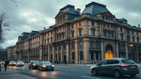 Louvre Museum facade with city traffic in evening light.