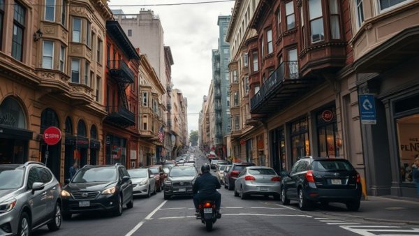 Busy San Francisco street scene with steep hill and cars.
