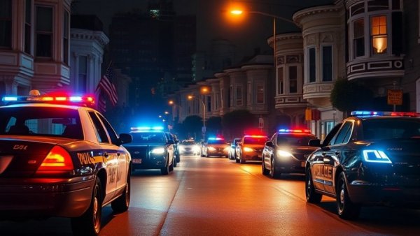 San Francisco local news: police vehicles with flashing lights.