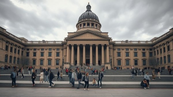 Historic university building with students, highlighting international student enrollment decline.