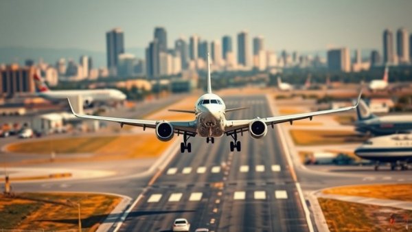 Airplane taking off from busy airport, symbolizing economic impact.
