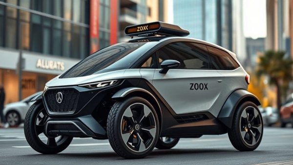 Futuristic Zoox robotaxi parked on urban street.