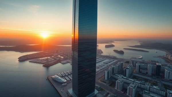 Modern skyscraper hotel overlooking a luxury marina at sunset.