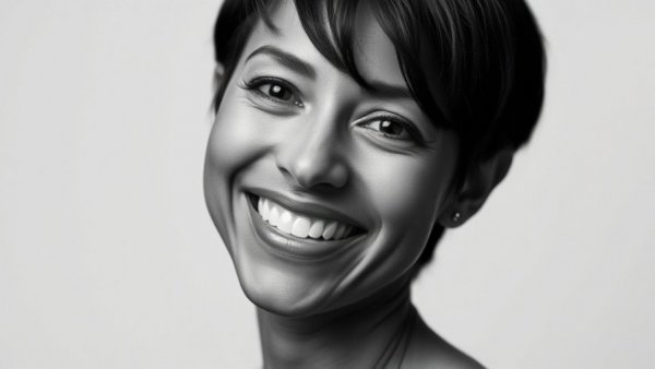 Monochrome portrait of a smiling woman with short hair.