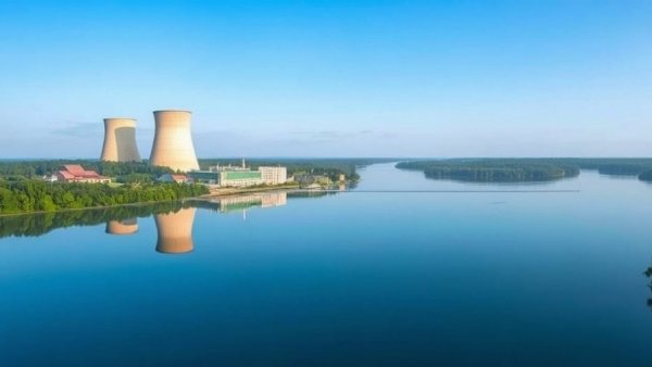 Three Mile Island nuclear power plant cooling towers by river.