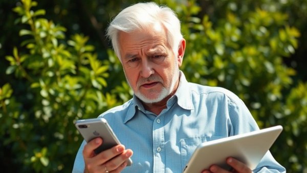 Older man holding phone and tablet outdoors, green background.