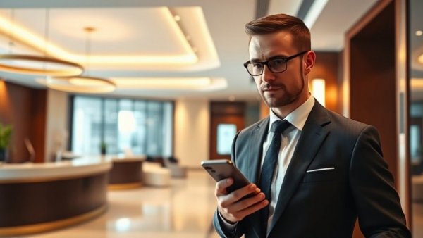 Businessman using digital guest services in hotel lobby.