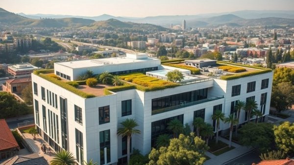 Berkeley biotech facilities with rooftop gardens and panoramic view.