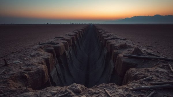 Syria mass graves trench at dusk in desolate landscape.