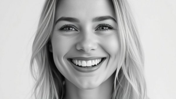 Cheerful woman headshot in black and white.