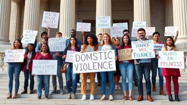 Domestic Violence in California - Supporters rally on courthouse steps.