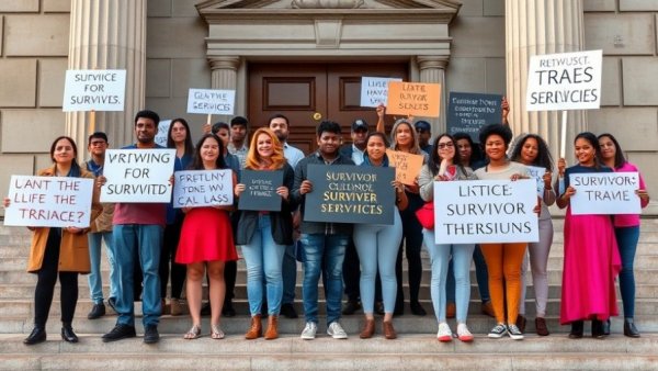 Crowd advocating survivor services on courthouse steps for Domestic Violence in California.