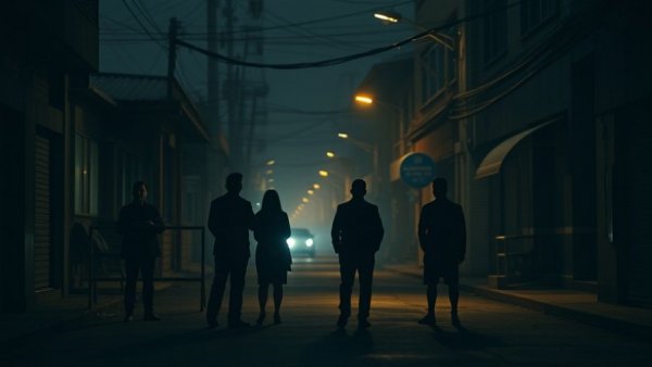 Silhouetted figures on a dimly lit street in South Africa, night scene.