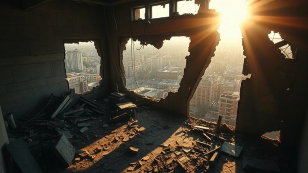 War-torn interior with city view, Trump Ukraine peace plan.
