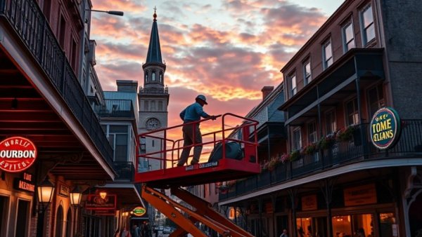 Bourbon Street New Orleans sunset scene, bustling atmosphere.