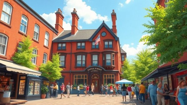 Lively courtyard scene near red-brick boutique hotel