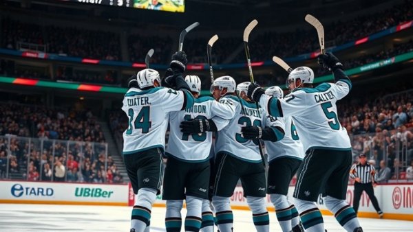 San Jose Sharks players celebrating a goal in playoff strategy.