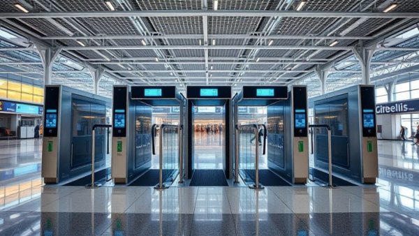 Modern biometric eGates at SFO with facial recognition.