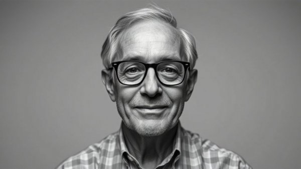 Portrait of an older man with glasses, grayscale photo.