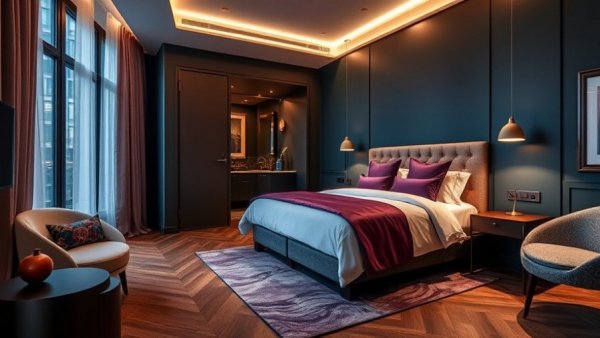Elegant boutique hotel room with stylish decor and ambient lighting.