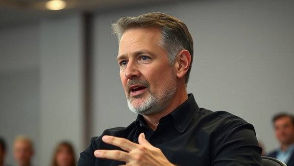 Middle-aged man speaking animatedly at an event.