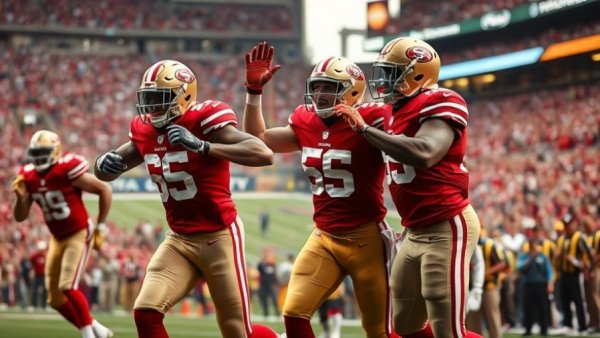 San Francisco 49ers NFL win celebration with players in action.