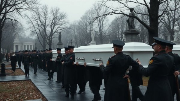Mourners and soldiers carry white coffins in a European cemetery.