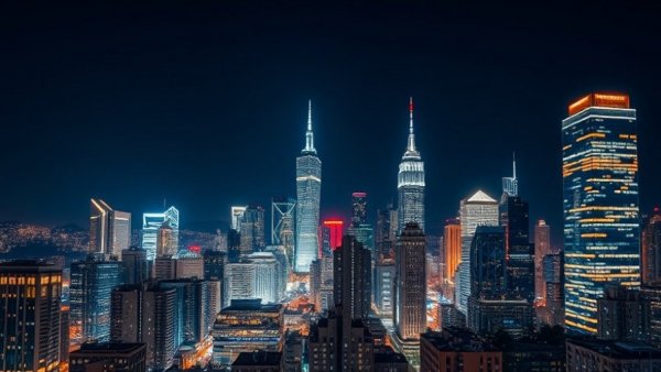 Nighttime city skyline with illuminated skyscrapers.