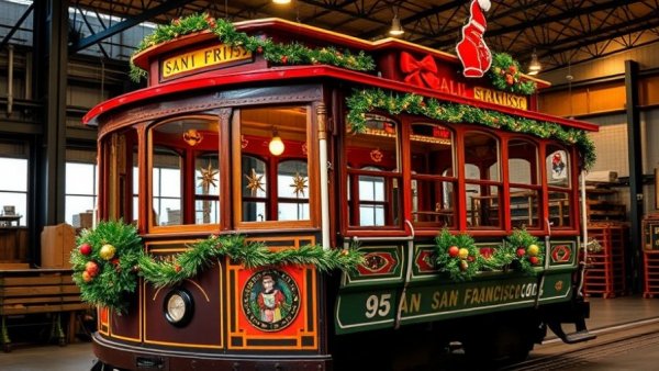 SF cable car holiday decorations in warehouse setting