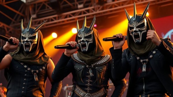 Masked musicians perform energetically on stage at a festival.