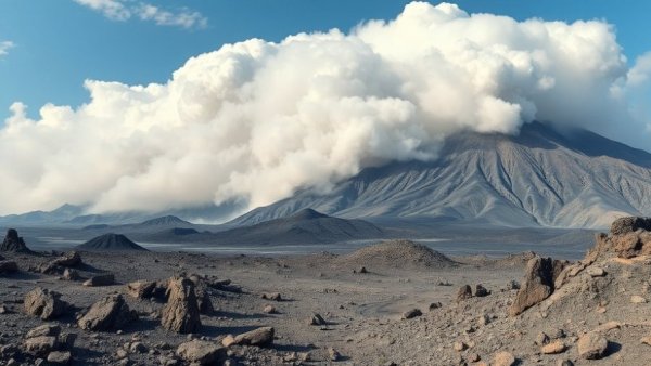 Massive volcanic ash cloud over rocky terrain in Ethiopian volcano eruption.