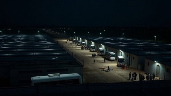 Detention center buses at night, immigration policies.