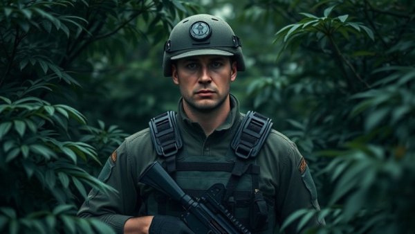 Tactical officer with rifle amid dense foliage, illustrating Trump's Immigration Impact on Drug Arrests.