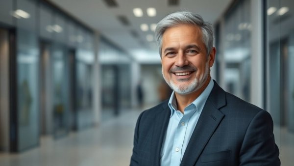 Professional man smiling in modern office related to Vera Therapeutics kidney drug approval.